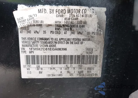 2014 Ford Explorer Xlt из США, поврежденный, VIN 1FM5K7D81EGA08398